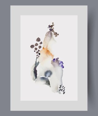 Duvar sanatında İskandinav sanatçıların minimalist noktaları olan soyut bir kompozisyon. Suluboya baskısı. Soyut fantastik çalışma ile sürrealizm tarzı, poster dekoru ile çerçeve