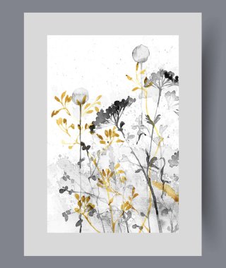 Otlar, bitkiler ya da hava karahindibaları yaz çayırlarında duvar sanatında yetişir. Suluboya sanat eseri. Doğa rezervinden çeşitli yabani otlarla poster dekoruyla çerçevelenmiş olarak yazdır