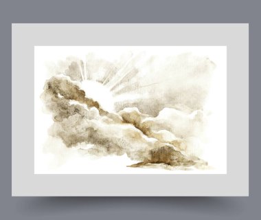 Güneş, sıcak bir yaz sabahı bulutların arkasından, ışınlarıyla dünyayı aydınlatmak için doğar. Hava tahminleri ya da iklim değişikliği hakkında makalelerle haberleri göstermek için bulutlu gökyüzünde güneşle yapılan sanat çalışmaları