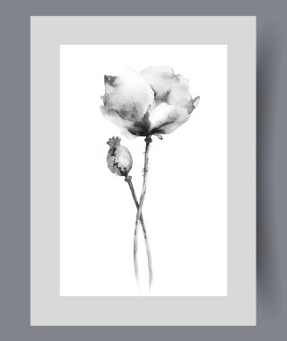 Çiçek açan yapraklı güzel kokulu çiçek, çiçek yetiştiricisi tarafından basılarak yetiştirildi. Suluboya poster. Yaban çiçeği ve patlamamış tomurcuklu sanat eserleri, duvar sanatı için dekorla çerçevelenmiş.