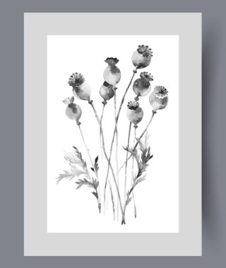 Duvar sanatında ince sapları üzerinde açılmamış tomurcukları olan kır çiçekleri ya da bitkiler. Suluboya sanat eseri. Vahşi yaşam biyolojik çeşitliliğini sembolize eden kır çiçekleri ve otlarla yazdır, poster dekoruyla birlikte.