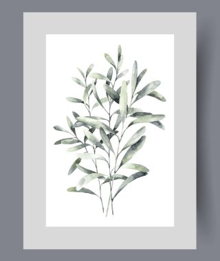 Afişte yeşil yapraklı ağaç dalları ya da çalılar yetişiyor. Suluboya sanat eseri. Ağaç dallı duvar sanatı, biyolojik çeşitliliği ve doğanın zenginliğini simgeliyor, baskı için dekorla birlikte.