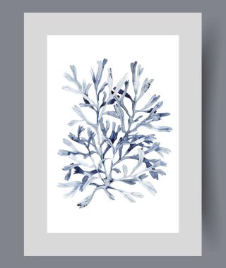 Deniz yatağını dekore eden ve baskı altındaki balıklara ev sahipliği yapan su altı mercan çalısı. Suluboya poster. Tropikal okyanusta büyüyen mavi mercan bitkisiyle sanat eserleri, duvar sanatı için dekorla çerçevelenmiş.