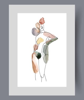 Erotik, kendine güveni tam bir kadın duvar sanatında el ele tutuşmuş kıyafetsiz duruyor. Suluboya baskısı. Erotik cazibeli bir kadınla sanat eseri. İç çamaşırsız poz veriyor. Poster dekoruyla çerçevelenmiş.