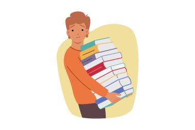 Eğitimde aşırı yüklenme kavramı için ilkokuldan öğretmen tarafından verilen kitapları tutan üzgün çocuk. Üzgün çocuk sınava hazırlanmak için kitap ya da ders kitabı okumak zorunda olduğu için depresyonda.