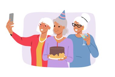 Pasta tutan ve arkadaşlarıyla selfie çeken yaşlı bir kadının doğum günü kutlaması. Aktif bir hayat süren ve yaşlılıktan sonra cesaretini kaybetmeyen gri bayanın doğum günü partisi.