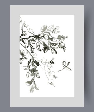 Duvar sanatında sağlıklı kokteyller yapmak için yapraklar ve böğürtlenlerle yetişen meyve ağacı dalı. Suluboya baskısı. Botanik bahçesindeki meyve ağacının bir parçasıyla, poster için dekorla çerçevelenmiş.
