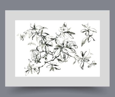 Gelecek böğürtlenlerin yerine çiçek tomurcukları olan bir bahar ağacı dalı. Suluboya poster. Sıcak havalarda ağaçla yapılan sanat eserleri, duvar sanatının dekoruyla birlikte doğanın doğurganlığını sembolize eder.