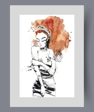 Utangaç, gür kızıl saçlı bir kadın gözlerini kapar ve aşağı bakar. Rahatsız hisseder. Suluboya poster. Utangaç bir kadınla sanat eserleri uygunsuz iltifatlardan utanır, duvar sanatı dekoruyla çerçevelenir.