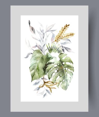 Sıcak adadaki tropikal ormandan bitkiler ve otlar. Suluboya sanat eseri. Dünyanın güney bölgelerinden dev tropikal bitki yaprakları ile poster dekoruyla birlikte bastırın.