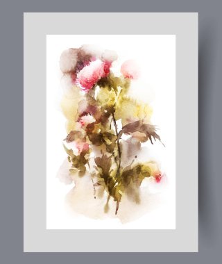 Parlak yaz güneşi altında duvarda yetişen dikenli otlar ya da kurumuş çiçekler. Suluboya sanat eseri. Üzerinde parlak tomurcuk olan kurumuş çiçeklerle, çerçevesinde poster için dekorla yazdır