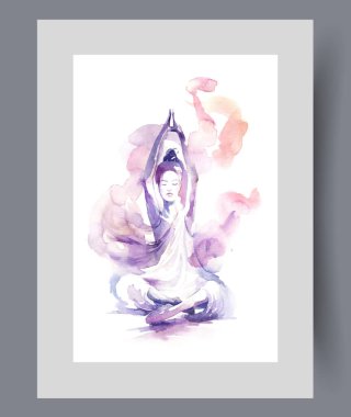 Kadın, duvar sanatında psikolojik farkındalık kazanmak için Lotus pozisyonunda meditasyon yapıyor. Suluboya sanat eseri. Meditasyon ve çakra açılışı üzerine kız çalıştırıcı ile poster dekoruyla birlikte karede yazdır