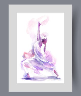 Kadın yoga yapıyor, kollarını kaldırıyor ve duvar sanatında güneşe uzanıyor. Suluboya sanat eseri. Zen elde etmek için yoga çalışmalarını takip eden beyaz elbiseli bir kız posteri basım için dekorla çerçevelenmiş.