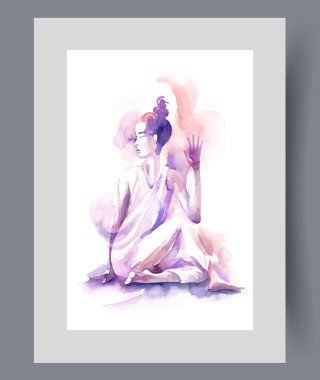 Yerde oturmuş meditasyon yapan bir kadın ve baskıdaki yoga hakkında tutkulu. Suluboya poster. Kız yoga eğitmeniyle sanat eseri avucunu kaldırıyor ve sağa sola dönüyor, duvar sanatı için dekorla birlikte.