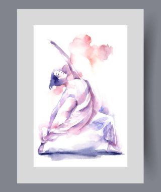 Kız vücut geliştirme ya da aerobik yapıyor, duvar sanatındaki kasları ısıtmak için egzersiz yapıyor. Suluboya sanat eseri. Kadın fitness ve kilo verme uzmanı olan bir poster, parmak izi için dekorla birlikte çerçevede.