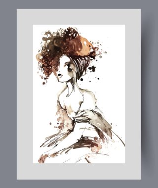 Duvar sanatında soyut bir portreyle tasvir edilmiş lüks saçlı güzel bir bayan. Suluboya sanat eseri. Çekici bayanla birlikte yazdırma ekrandan izleyiciye umutsuzca bakar, poster dekoru ile çerçevede