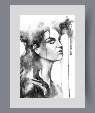 Güzel kız, duvar resimlerindeki koyu mürekkep portresi için gözleri kapalı poz veriyor. Suluboya baskısı. Uzun saçlı genç bir kızla yapılan sanat çalışmaları geçmişi ve geleceği yansıtıyor. Poster dekoruyla birlikte.