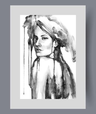 Şapkalı güzel bayan duvar sanatında baştan çıkarıcı görünüyor. Suluboya baskısı. Tuvale mürekkeple çizilmiş güzel genç bir bayanla sanat eseri. Boya lekeleri, poster dekoruyla çerçevelenmiş.