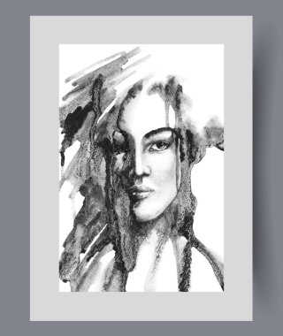 Ciddi ifadeleri olan çekici bir kadın duvar resimlerindeki ekrana bakıyor. Suluboya baskısı. Odaklanmış, yüzü kısmen uzun saçların arkasına gizlenmiş, poster dekoruyla çerçeveli bir kadın.