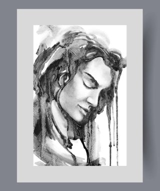 Uzun saçlı çekici bir adam başını eğiyor ve gözlerini duvar sanatına kapatıyor. Suluboya baskısı. Sakin ve ölçülü davranan barışçıl bir adamla, poster süslemesi çerçevesinde sanat eserleri.