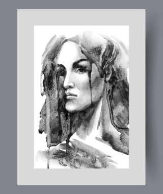 Duvar sanatında başarısız olduktan sonra ekrana ciddi ciddi bakan tatminsiz bir kadının yüzü. Suluboya sanat eseri. Koyu mürekkeple çizilmiş hoşnutsuz bir kadın posteri, baskı için dekorlu çerçeve.
