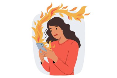 Kadınların elinde telefon yakmak işe yaramaz uygulamalarla zaman harcamayı ve sosyal ağlarda iletişim kurmayı sembolize eder. Haberleri okumak ve internette sörf yapmak için cihaz kullanan bir kızda patlama cep telefonu.