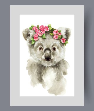 Keseli ayılar ailesinden Koala 'nın basında küçük çiçek çelenkleri var. Suluboya poster. Tropikal ormanda yaşayan gri koalalı sanat eserleri, duvar sanatı için dekorlu çerçeve