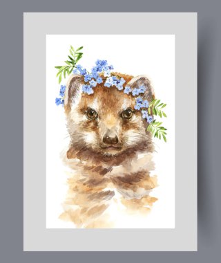 Düşmana saldırmaya hazır yırtıcı gelincik, baskıdan ekrana bakıyor. Suluboya poster. Kafasında bahar çiçekleri olan vahşi hayvan Harkov 'un duvar sanatı dekoru olan bir sanat eseri..