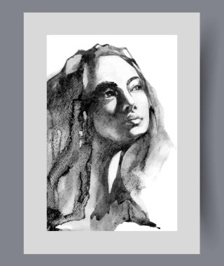 Güzel yüz hatları olan bir kadın, duvar sanatında geleceği düşünerek kafasını kaldırıyor. Suluboya baskısı. Uzun saçlı bir kadınla sanat eseri. Gururla çene kaldırıyor. Poster için dekorla çerçevelenmiş.