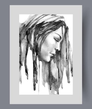 Gözü kapalı, duvar sanatındaki hayatı düşünen düşünceli bir kadının yüzü. Suluboya sanat eseri. Uzun saçlı, düşünceli bir kadının posteri dekorla çerçevelenmiş, stres yaşayan portresi.