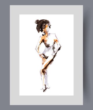 Çıplak kadın soyut bir şekilde tasvir edilir. Posterde elleri kemerinde kıyafetleri olmadan ayakta durur. Suluboya sanat eseri. Duvarda çıplak bir kadın var. Çerçevesinde baskı için dekor var.