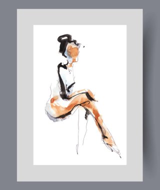 Soyut çizgileri olan çıplak bir kadın bacak bacak üstüne atarak oturur. Suluboya poster. Erotik çıplak bir kadının sanat eserleri tutku ve baştan çıkarma sergiliyor, duvar sanatı dekoru ile çerçeveleniyor.