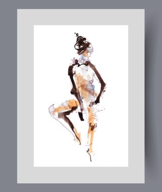 Soyut siluet, çıplak kadın pozu, duvar sanatında görünmez sandalyeye oturması. Suluboya sanat eseri. Erotik bir görüntü sergileyen çıplak bir kızla poster dekoruyla birlikte bas.