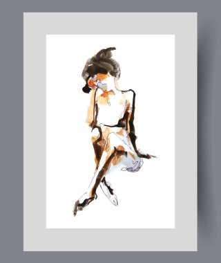 Çıplak bir kadının erotik görüntüsü baskı altında bacak bacak üstüne atmış ve düşünceli bir şekilde yüzlerine dokunuyor. Suluboya poster. Zarif, ince vücutlu çıplak bir bayanla sanat eseri. Duvar sanatı için dekorasyonlu bir çerçevesi var.