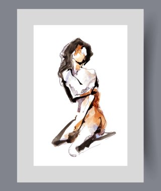 Çıplak baştan çıkarıcı kadın dizlerinin üzerinde elleri yazılı göğüsleri örtüyor. Suluboya poster. Uzun saçlı, soyut tarzda tasvir edilmiş, duvar sanatı dekoru olan çıplak bir kızla sanat eserleri.