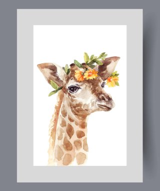 Afro savanasından kafasında çiçek çelengi olan bir zürafa görülmüş. Suluboya sanat eseri. Doğadan gelen şirin zürafalı duvar sanatı nadir hayvanlarla dolu, baskı için dekorlu çerçevede.