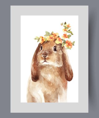 Uzun sarkık kulakları ve basılı bahar çiçekleri olan küçük bir Paskalya tavşanı. Suluboya poster. Paskalya tavşanlı sanat eserleri Hristiyan bayramını sembolize ediyor, duvar sanatı dekoru çerçevesinde.