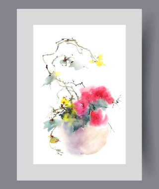 Porselen kapta taze kurumuş çiçekler duvar sanatında evin içini süslüyor. Suluboya sanat eseri. Poster için dekorlu çerçevede rahat bir atmosfer yaratmaya yardımcı olan güzel kokulu çiçeklerle yazdır