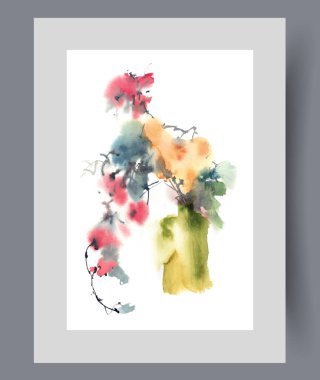 Çevre dostu iç dekorasyon için vazoda parlak tomurcukları olan kurumuş çiçekler. Suluboya poster. Duvar sanatı için dekorlu, dalında kurumuş çiçek buketi olan sanat eserleri.