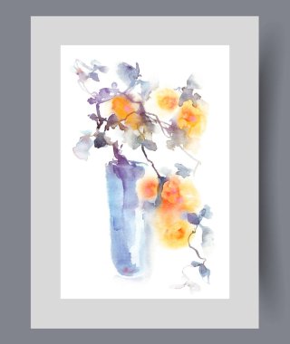 Bahar bahçesinden, duvar sanatında çiçek açan ağaç dallı vazo. Suluboya sanat eseri. Çiçekçiden cam vazoya çiçekli süsleme bitkisi ile yazdır, çerçevede poster için dekorla birlikte.