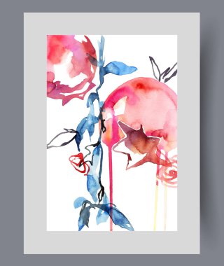 Duvar sanatında yaz mevsiminde açan gül ağacı dallarındaki büyük meyveler. Suluboya sanat eseri. Vitaminlerle dolu, posterler için dekorla çerçevelenmiş sağlıklı meyveli gül kalemi bitkisi baskısı