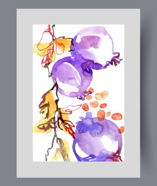 Milli parkta yetişen böğürtlenli bitki ya da duvar sanatında doğa rezervi. Suluboya sanat eseri. Sağlıklı yemek hazırlamak için böğürtlenli bitki filizi ve poster için dekoru olan bir çerçeve.