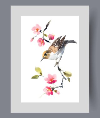 Songbird perched on cherry blossom branch in japanese tourist park on print. Watercolor poster. Artwork with tit songbird feeding on nectar of flowers from fruit tree, in frame with decor for wall art