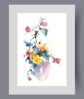 Bir buket kır çiçekli vazo ya da basılı parlak yapraklı kurumuş çiçekler. Suluboya poster. Dairenin içini dekore etmek için vazoda buketi olan sanat eserleri, duvar sanatı için dekorla çerçevelenmiş.