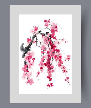 Duvar sanatında Japon turistik bölgesinden çiçek açan sakura ağacı dalı. Suluboya sanat eseri. Doğu Asya ülkelerinde çiçek açan kiraz ya da sakura ile poster dekoruyla birlikte yazdırın
