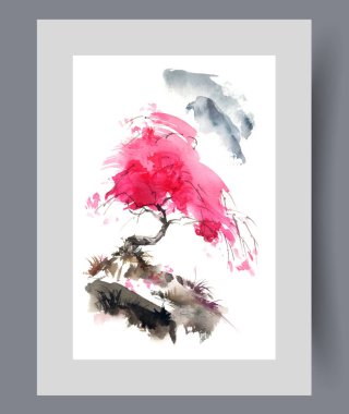 Japon sakura ağacı kaya üzerinde yetişir ve duvar sanatında güzel manzaralar yaratır. Suluboya sanat eseri. İlkbaharda çiçek açan sakura ile çerçevede poster dekoruyla birlikte pembe yapraklı yazdır