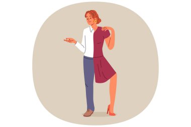 Cinsiyet klişeleri olmayan, kendini ifade etmeye çabalayan ve kadın ve erkek kıyafetleri giyen bir insan. İkili olmayan LGBTq kişisinden ayrımcılıktan kaçınmak için cinsiyet kalıplarının silinmesi çağrısı