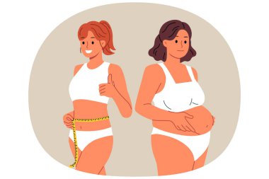 İnce kadın fitness antrenörü, obeziteden muzdarip müşterinin yanında duruyor ve hızlı kilo vereceğine söz veriyor. Ellerinde şerit olan kadın fitness eğitmeni, başarısından gurur duyuyor.