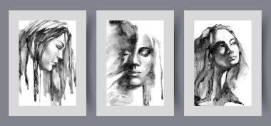 Sakin ifadeli güzel bir kadın farklı yönlere bakar ve koyu suluboya sanat eserlerinde gözlerini kapatır. Uzun saçlı ve düşünceli görünümlü kadın portreleri olan posterler.