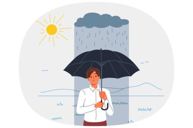 Başarısız ve başarısız olan hayalet adam, güneşli bölgede şemsiyeyle ayakta duruyor. Başarısızlık iş elbiseli adamın ruh halini olumsuz etkiliyor, şans ve servet yoksunluğu yüzünden üzülüyor..